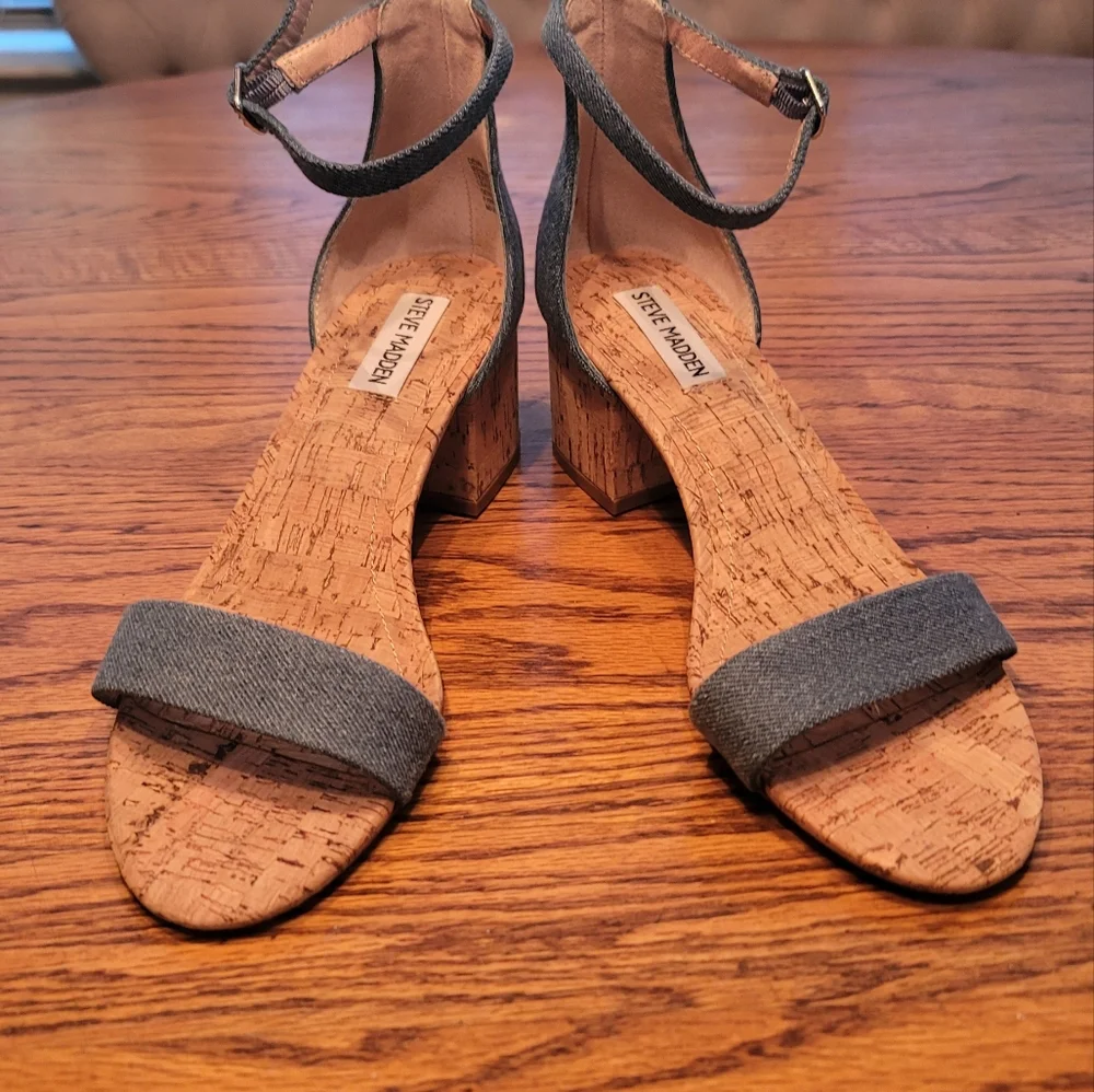 Steve Madden Blue Denim Block Cork Open Toe Shoes Heels Sandals